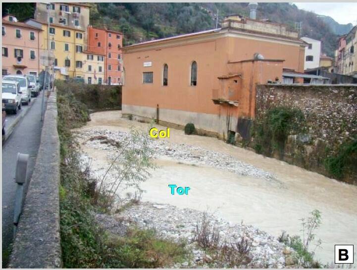 B: idem, dopo una pioggia: il ramo di Torano è bianco da marmettola; il colore del ramo di Colonnata testimonia il trasporto di marmettola con una significativa quantità di terre. 