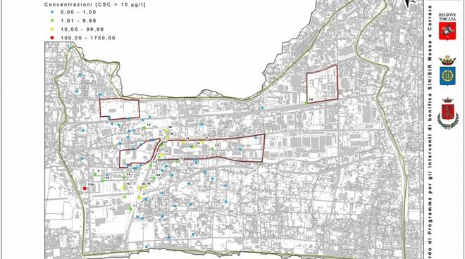 I punti del Sin-Sir di Massa-Carrara dove è stato rilevato arsenico