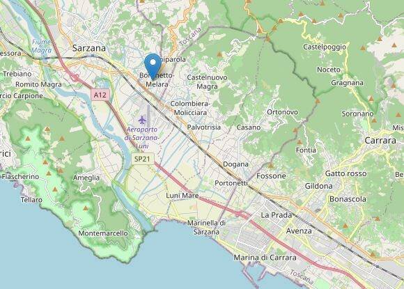 L'epicentro della scossa di terremoto nei pressi di Castelnuovo Magra
